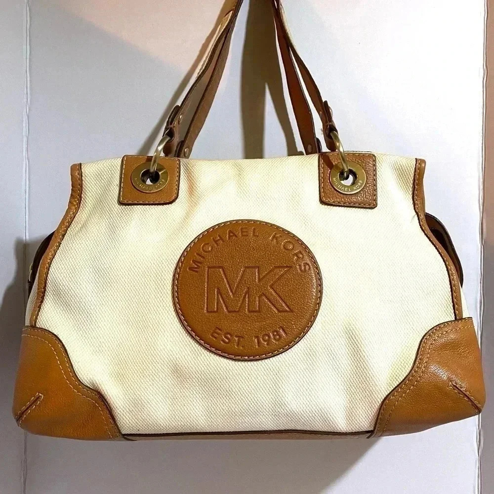 Michael kors beige brown canvas leather satchel handbag